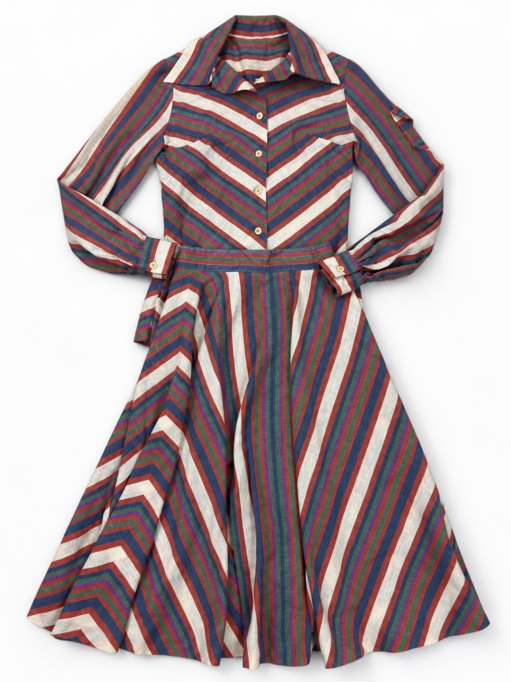 Vintage 70s Striped 2 Piece Dress Set Top & Skirt Small Retro